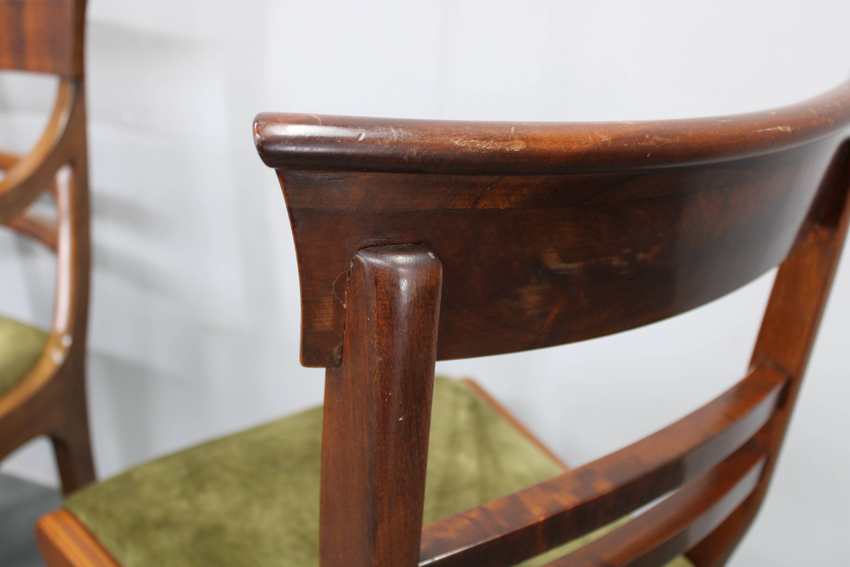 French Art Deco walnut dining chair set with armchairs, France 1930s