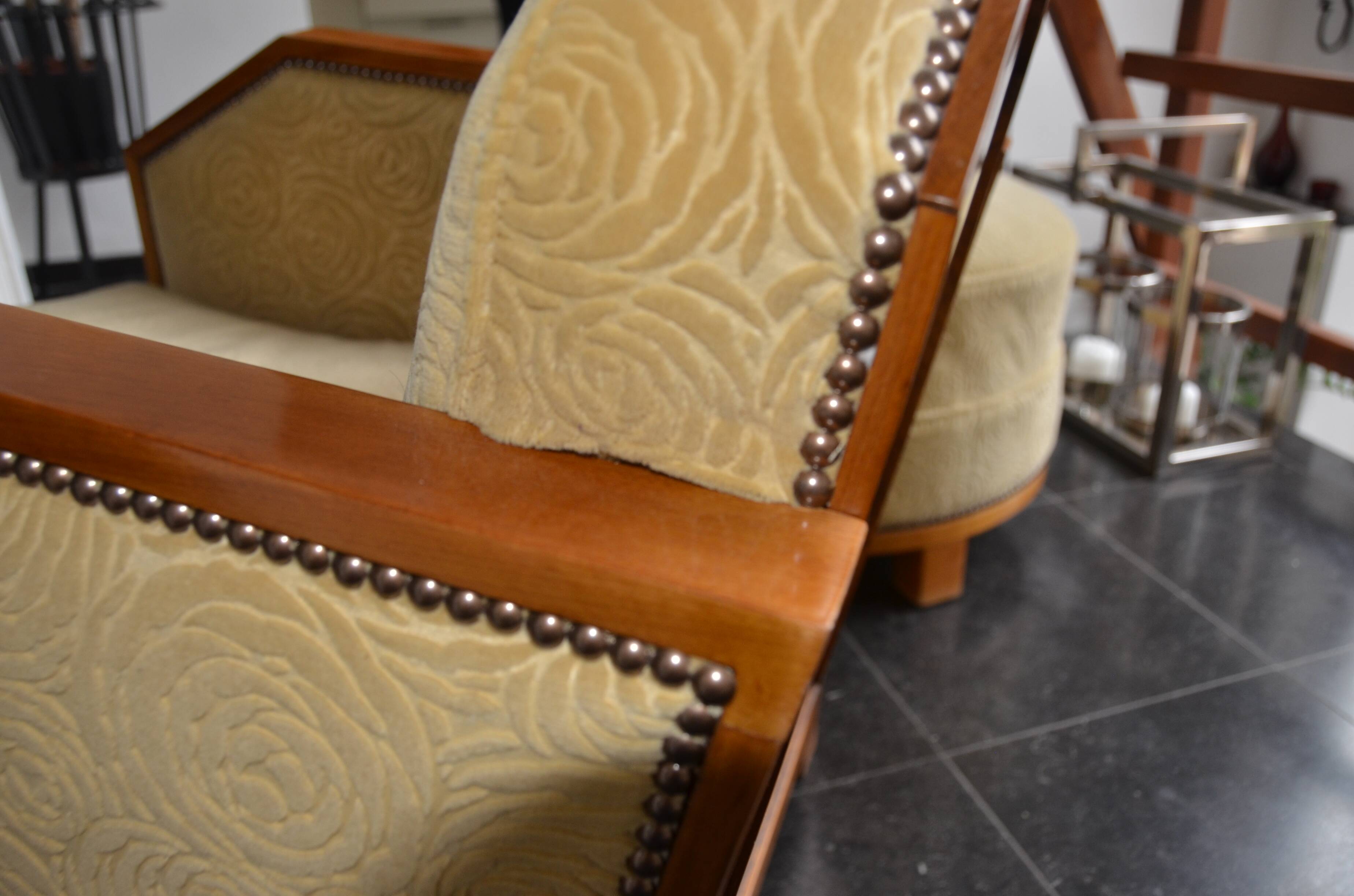 Pair of Art Deco armchairs and poufs