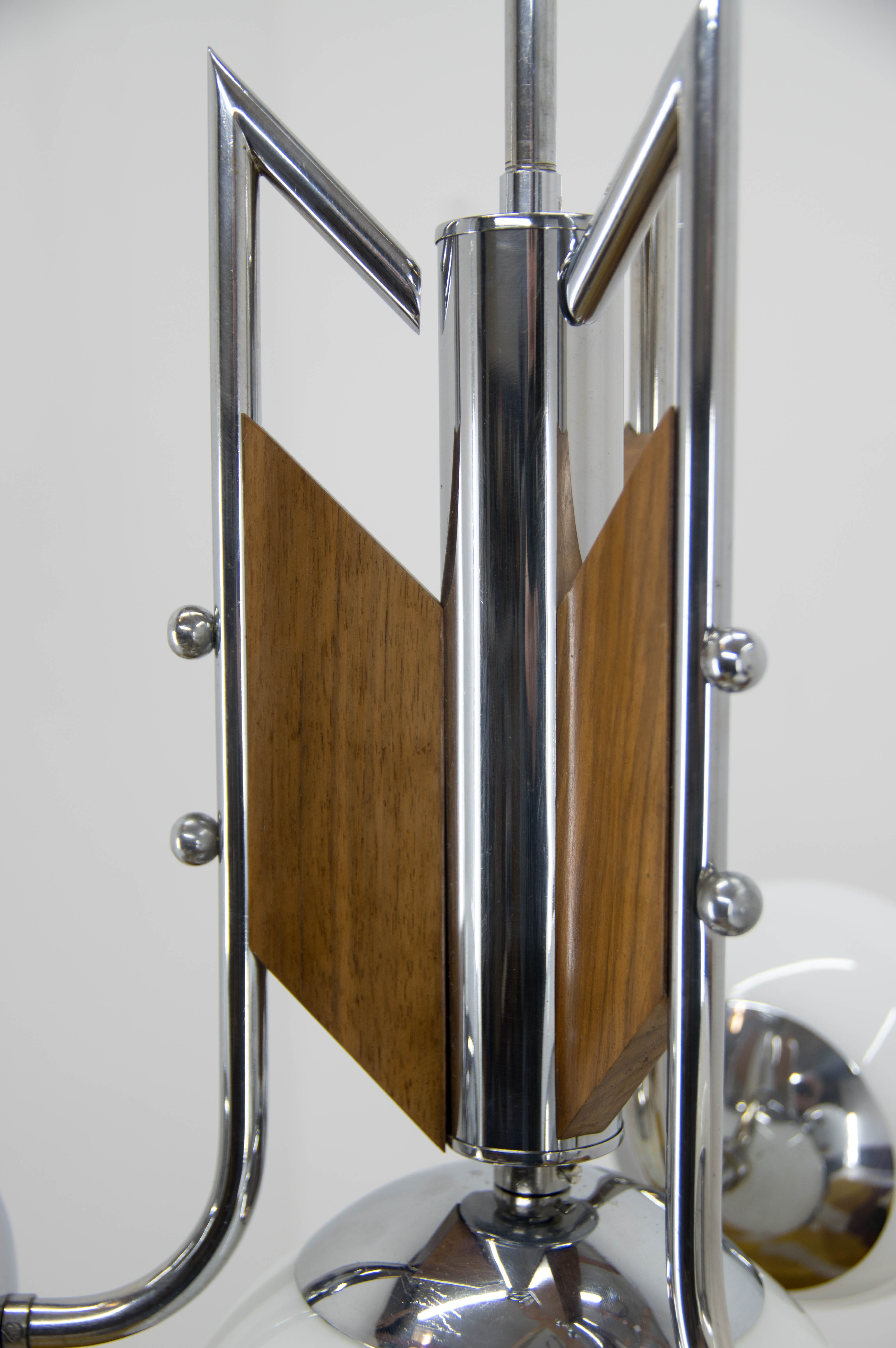 Wood and chrome functionalist chandelier, 1940s