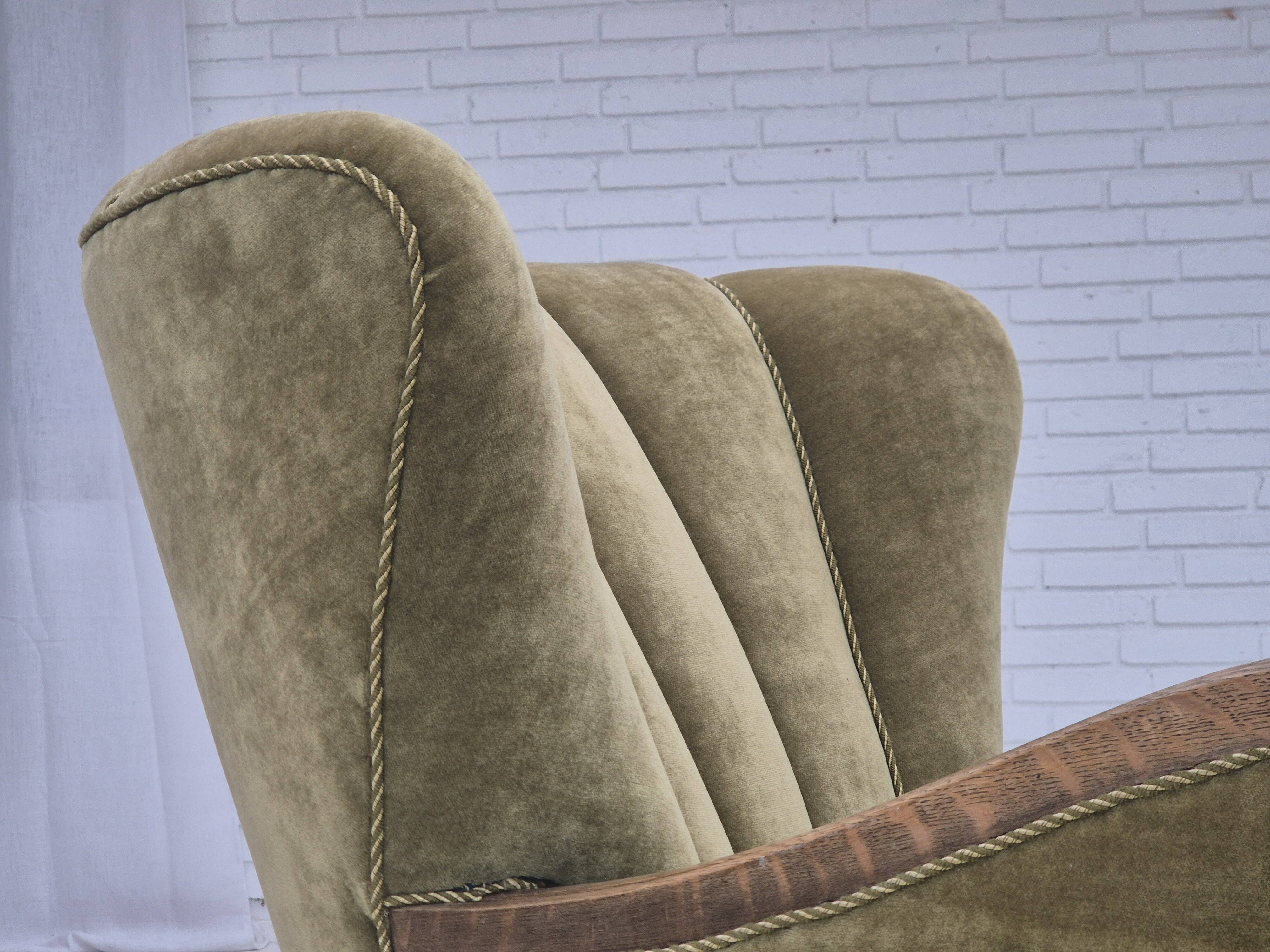 1960s, Danish relax armchair, green furniture velour fabric, oak wood.