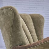 1960s, Danish relax armchair, green furniture velour fabric, oak wood.