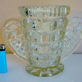 Thick, molded glass ear vase, art deco period and style, stylized leaves and grapes