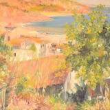 Impressionist seaside landscape with village