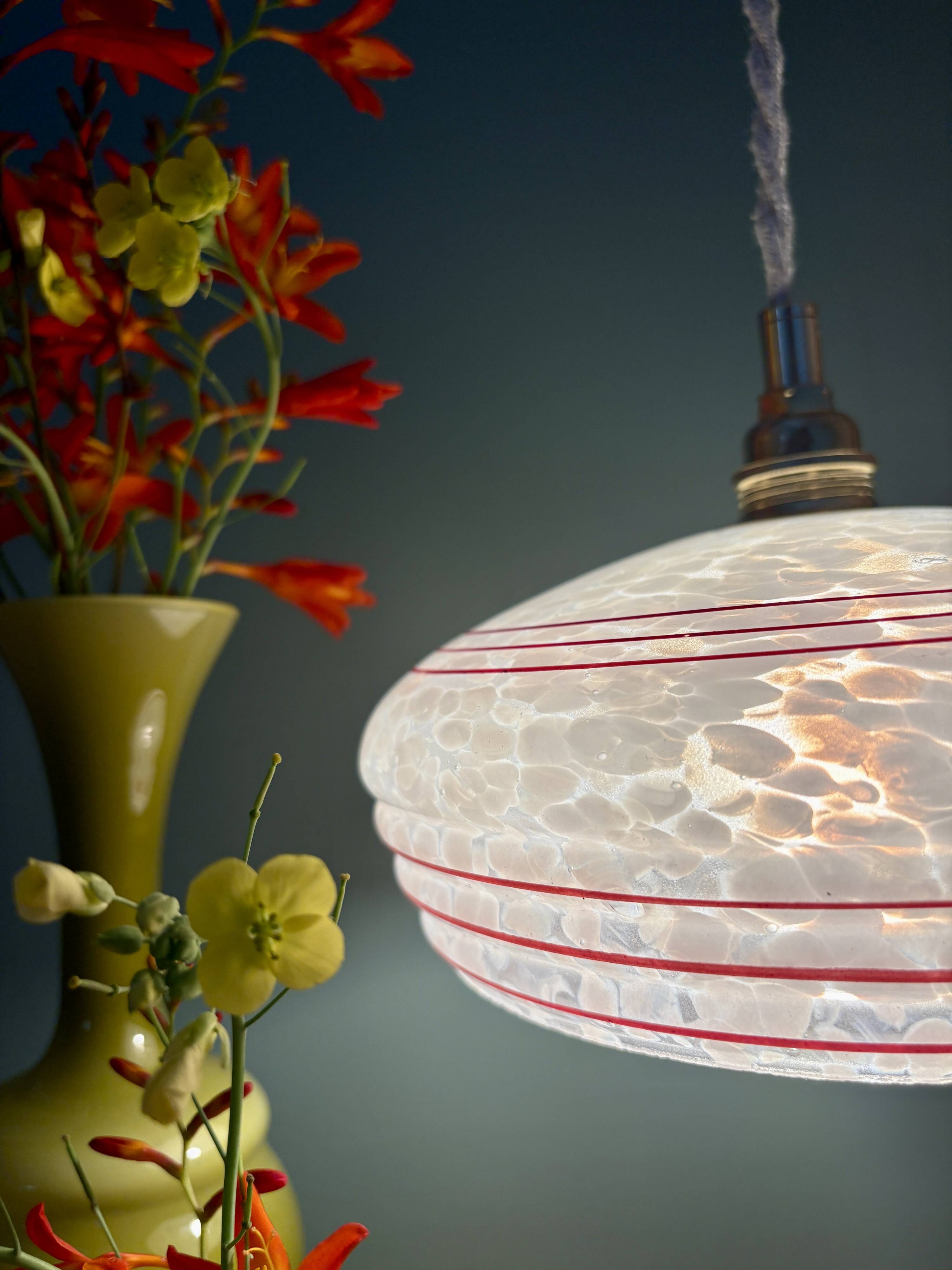 Vintage white clichy glass lampshade pendant light with red trim