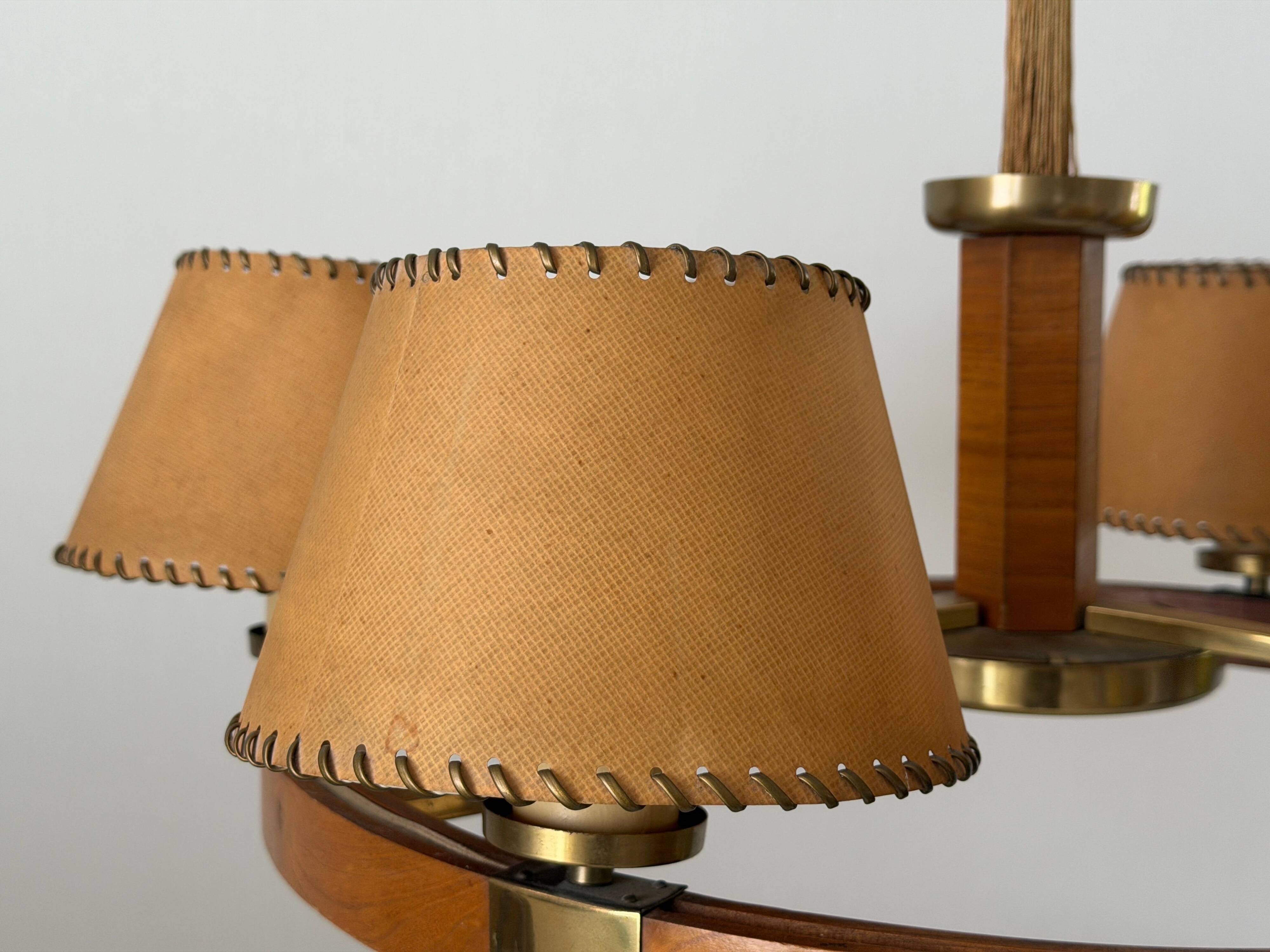 6 wooden paper head chandeliers with brass details, 1960s, Germany