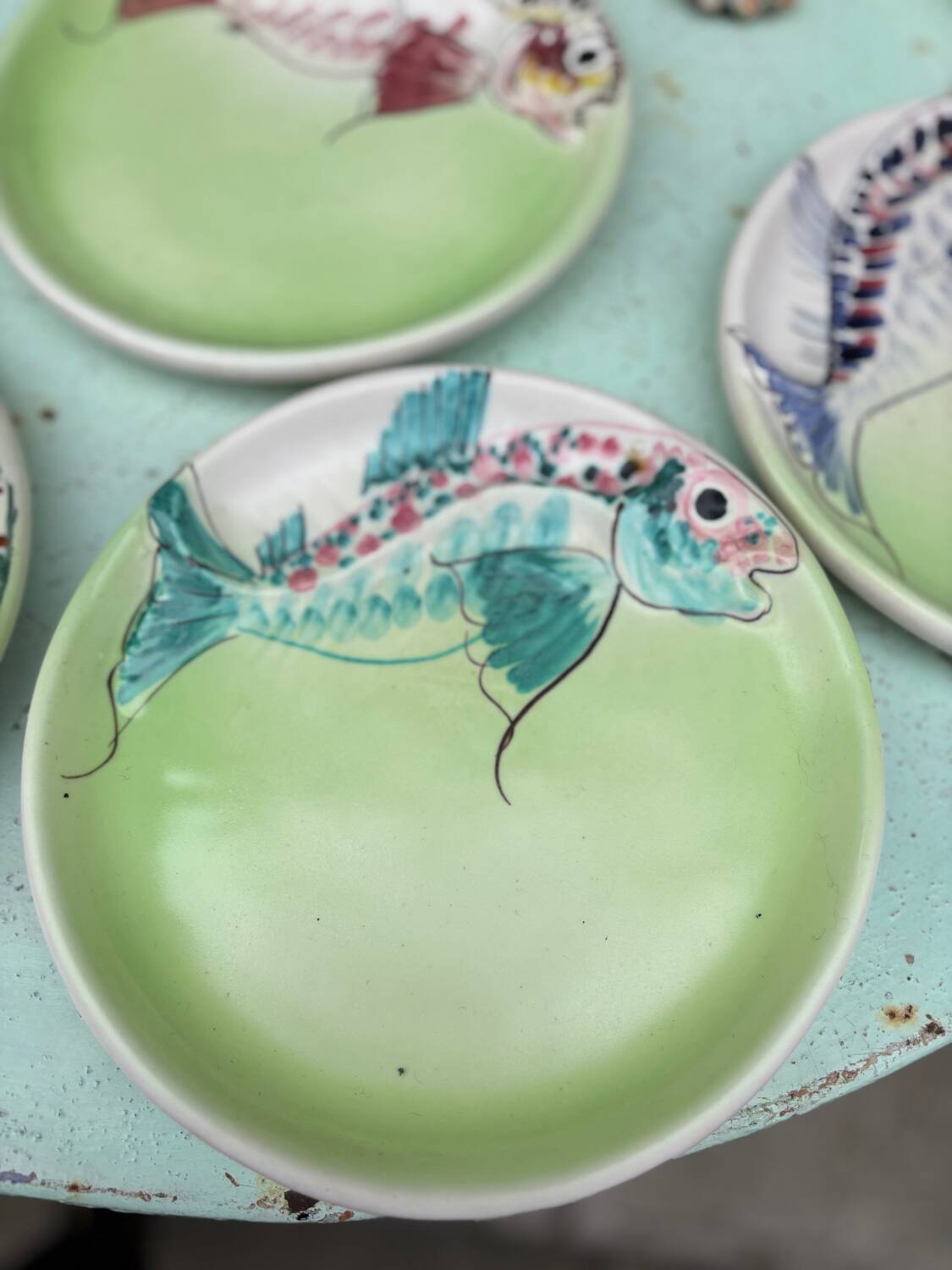 Vintage Vallauris ceramic dinnerware set. Fish design. 1960s