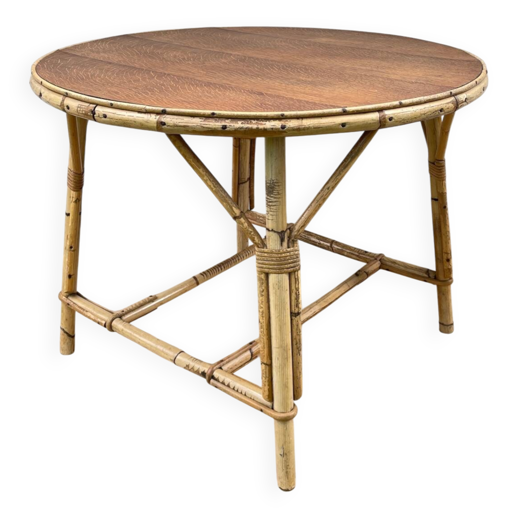 Round coffee table rattan and oak vintage