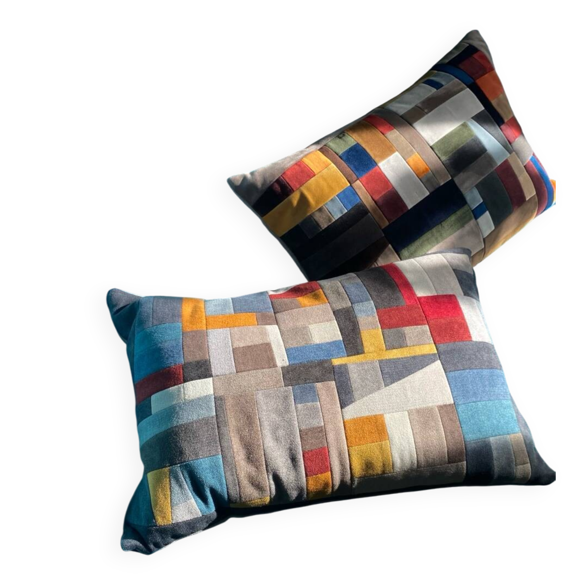 Patchwork cushions made from upholstery fabric