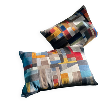 Patchwork cushions made from upholstery fabric