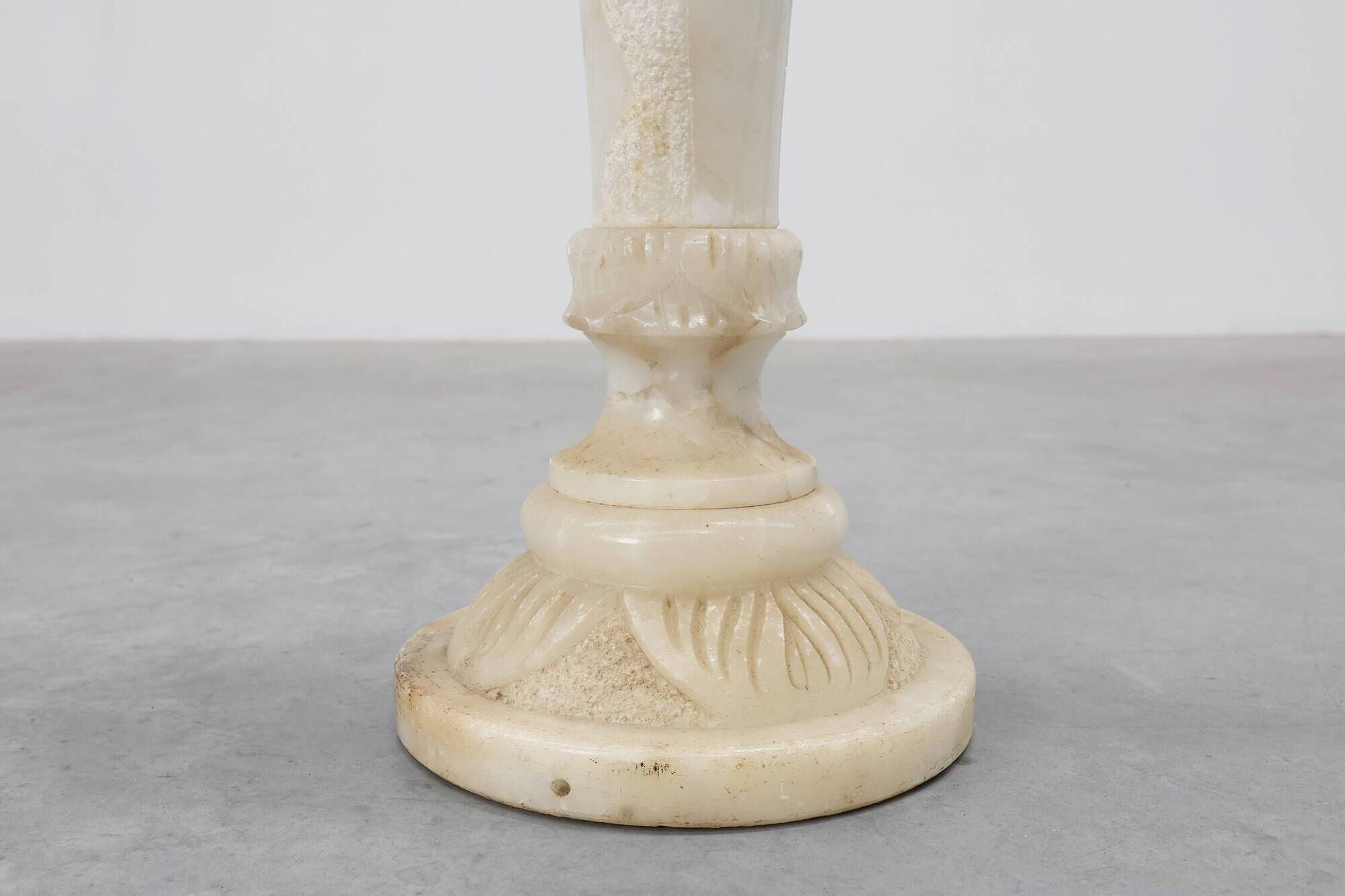 Italian Turned Alabaster Pedestal Column with Carved Leaf Capital