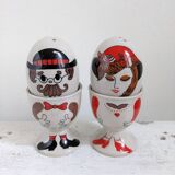 Egg cup, salt and pepper shaker duo