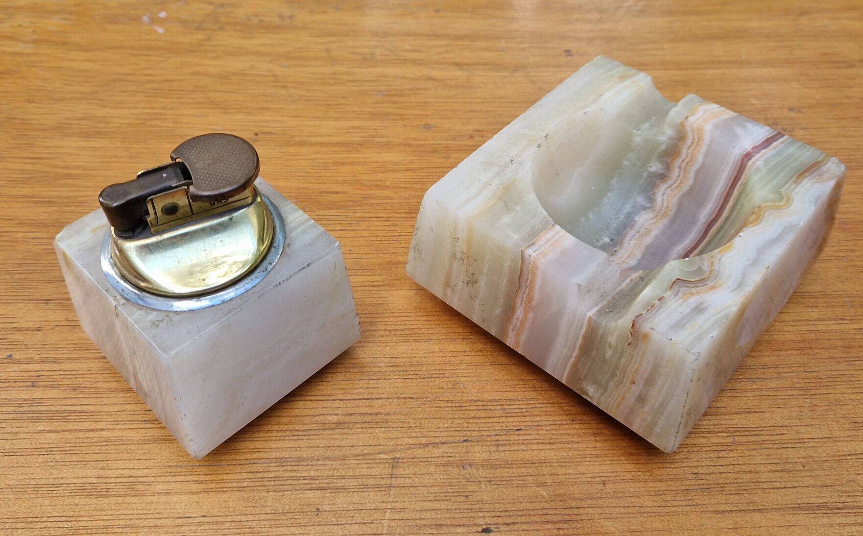 Vintage 1970s onyx lighter and ashtray smoking set