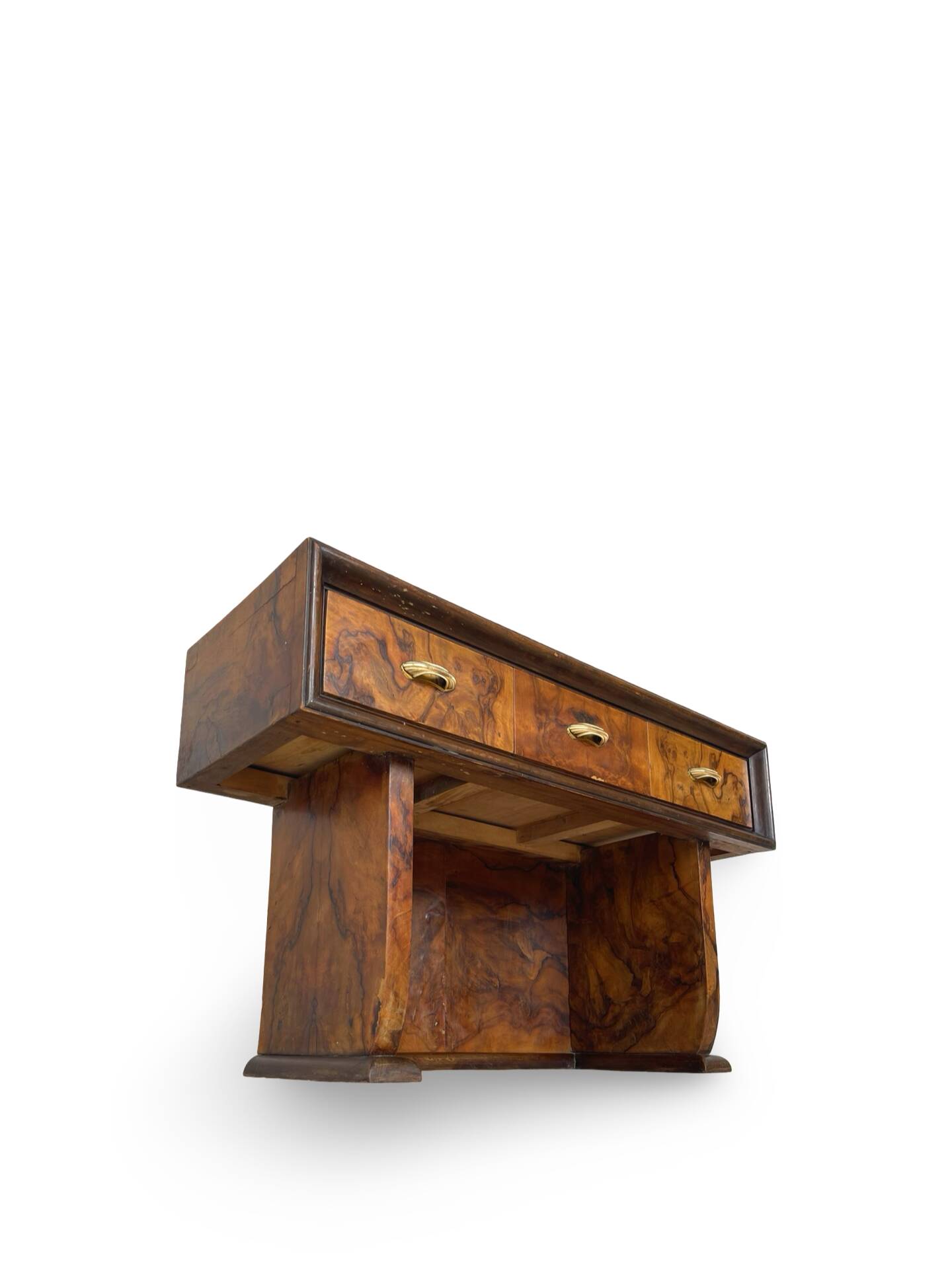 Italian burl walnut art deco console table, 1930s.