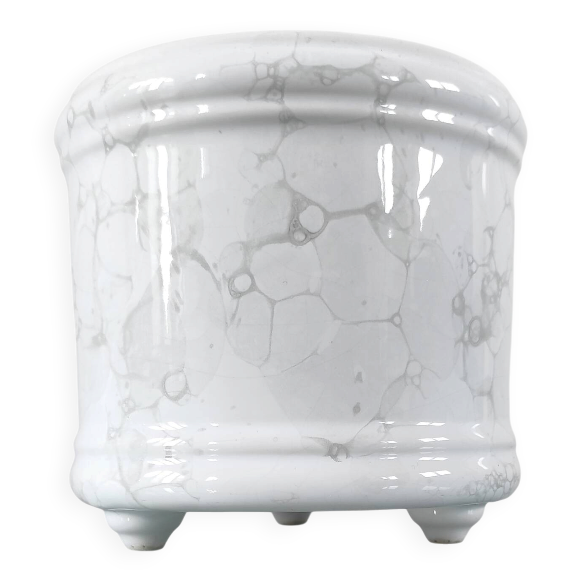 Cache-pot tripode vintage en faïence émaillée à décor aux bulles de sa