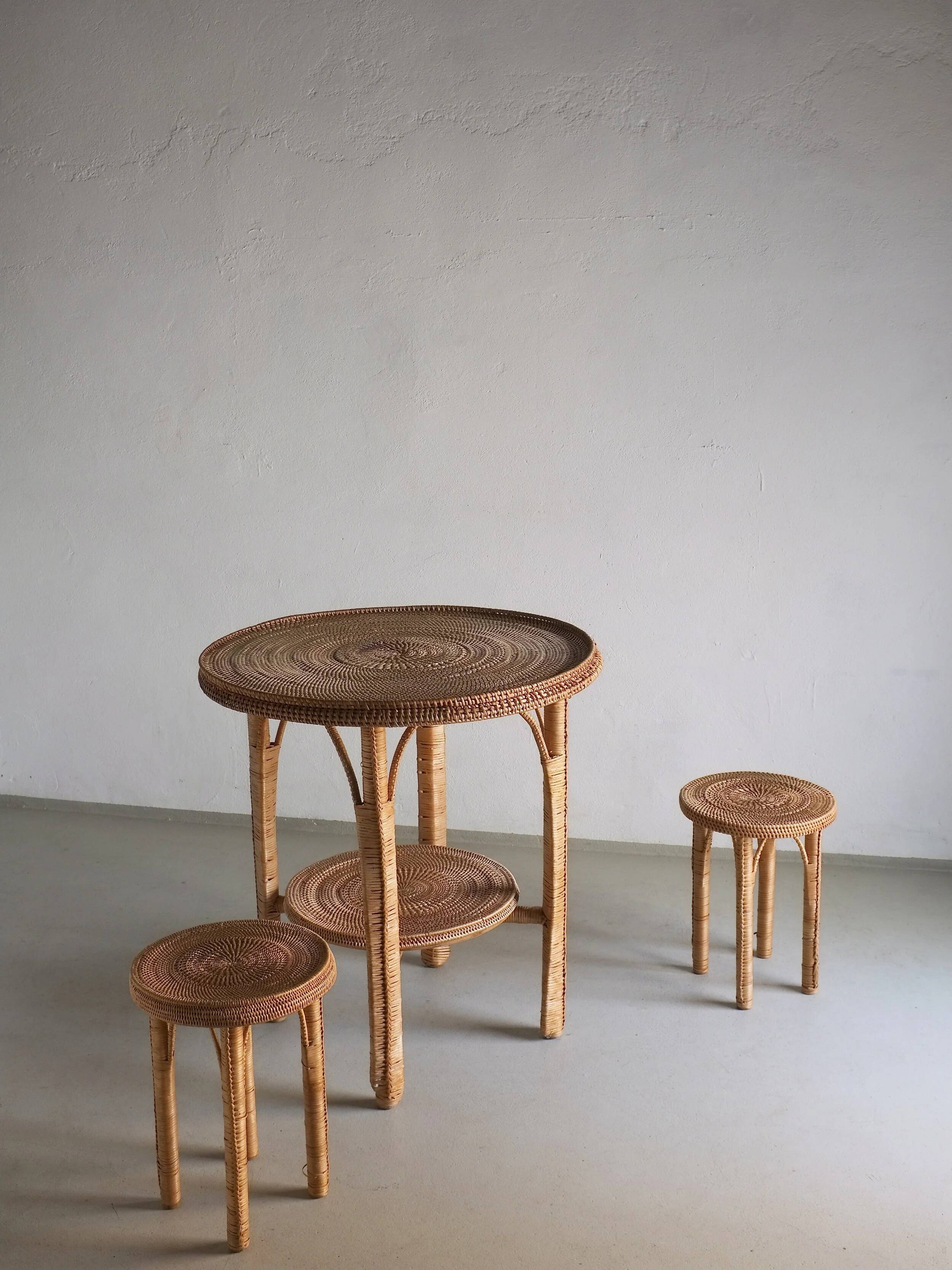 Vintage woven wicker table set | 1980s