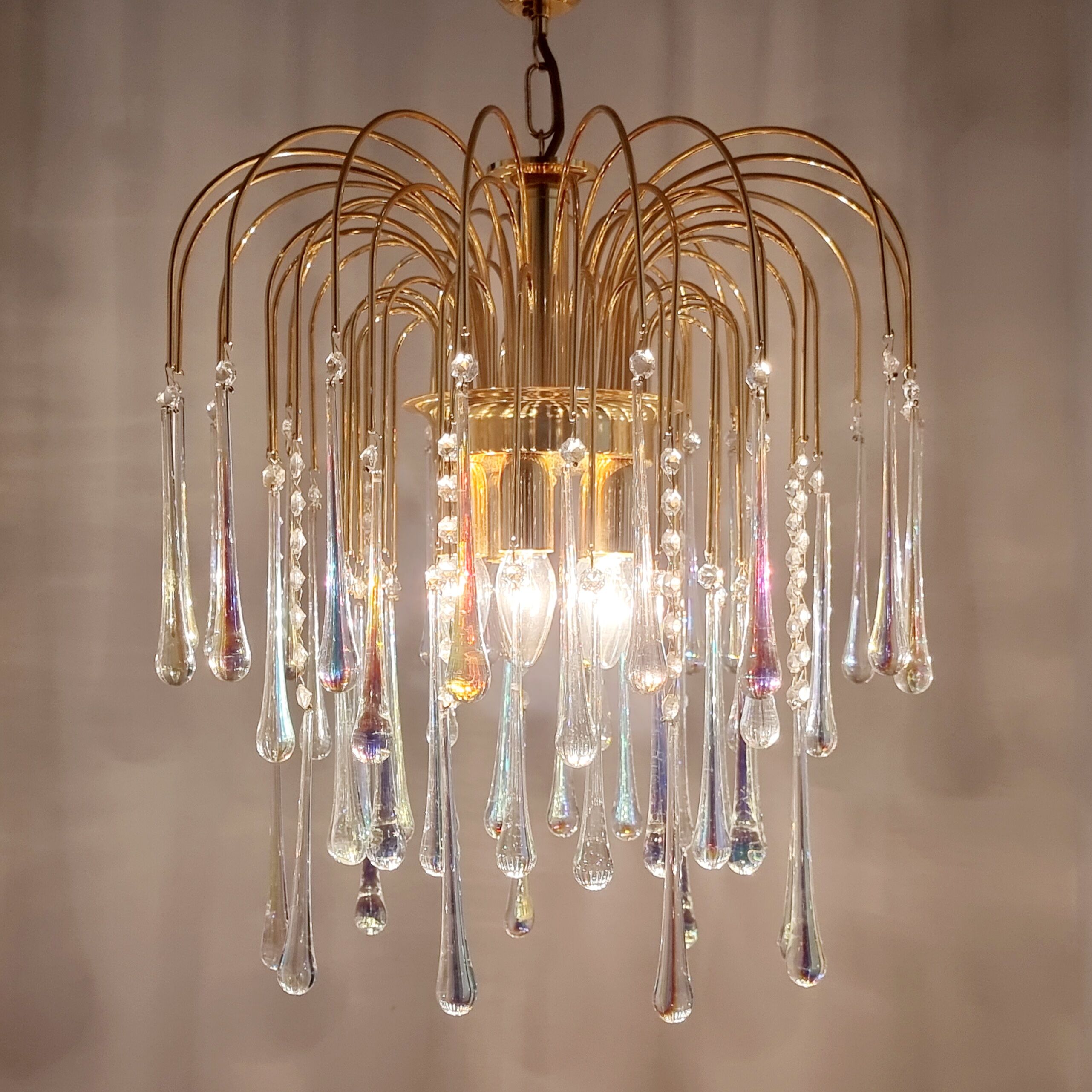Murano glass & brass teardrop waterfall chandelier/ceiling lamp, italy