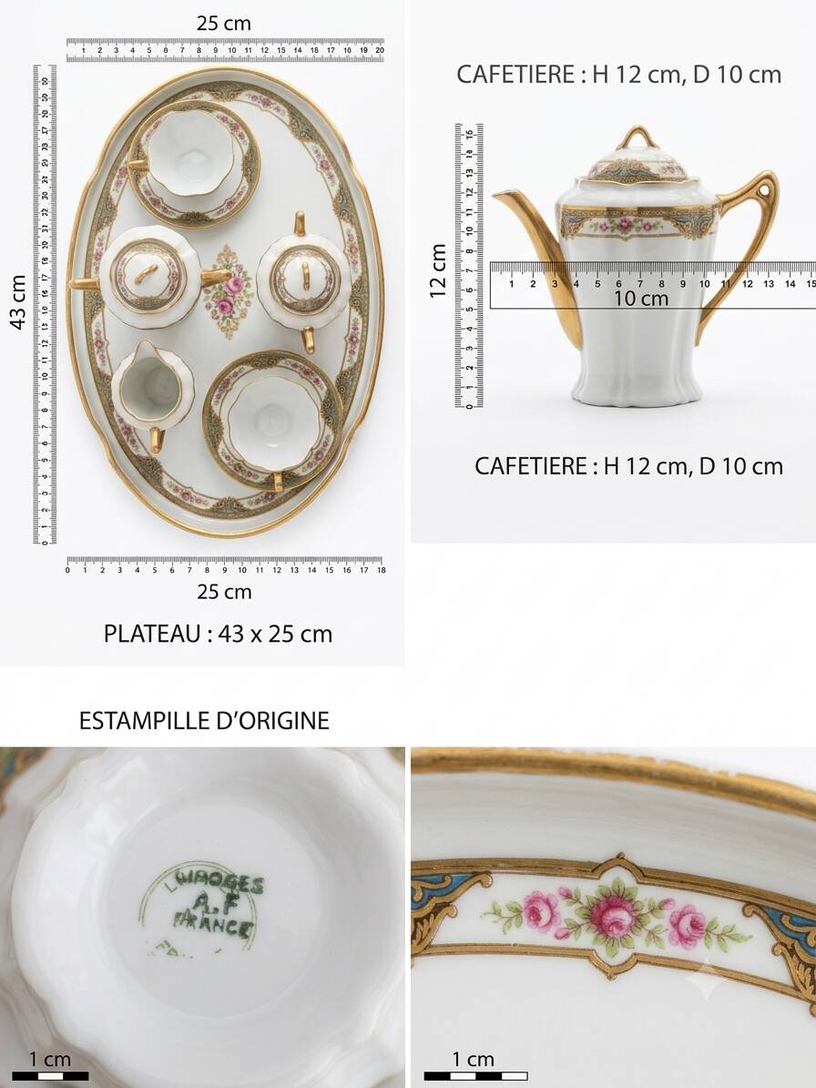 Coffee and tea service for two with its tray in Limoges porcelain.