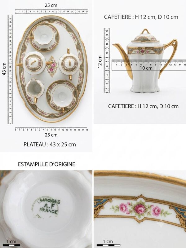 Service à café et thé tête à tête et son plateau en  porcelaine de Limoges