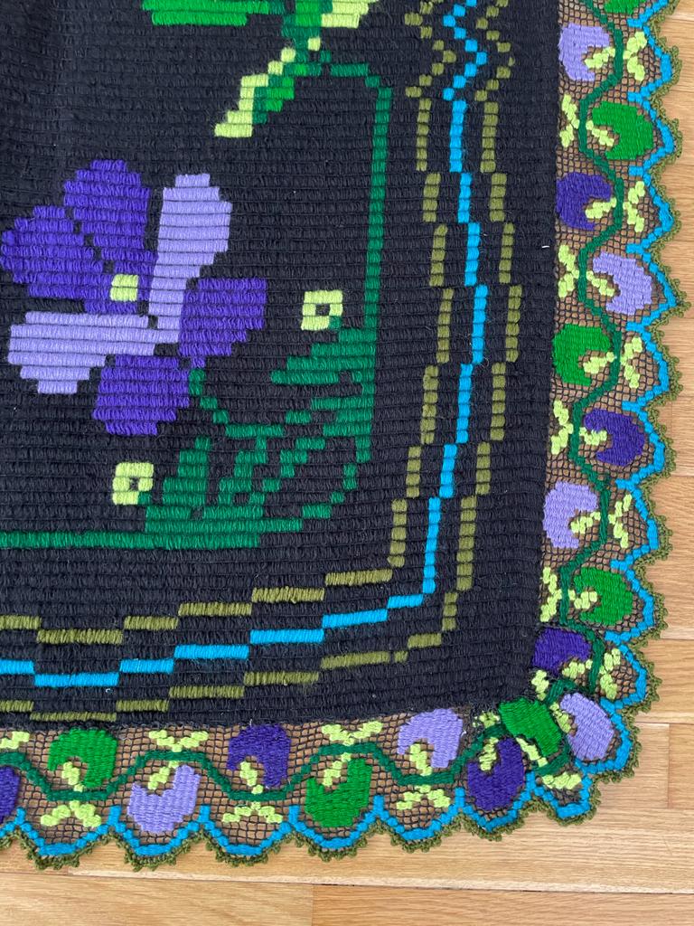 Floral handmade vintage rug, purple floral design with crochet border 145x174cm