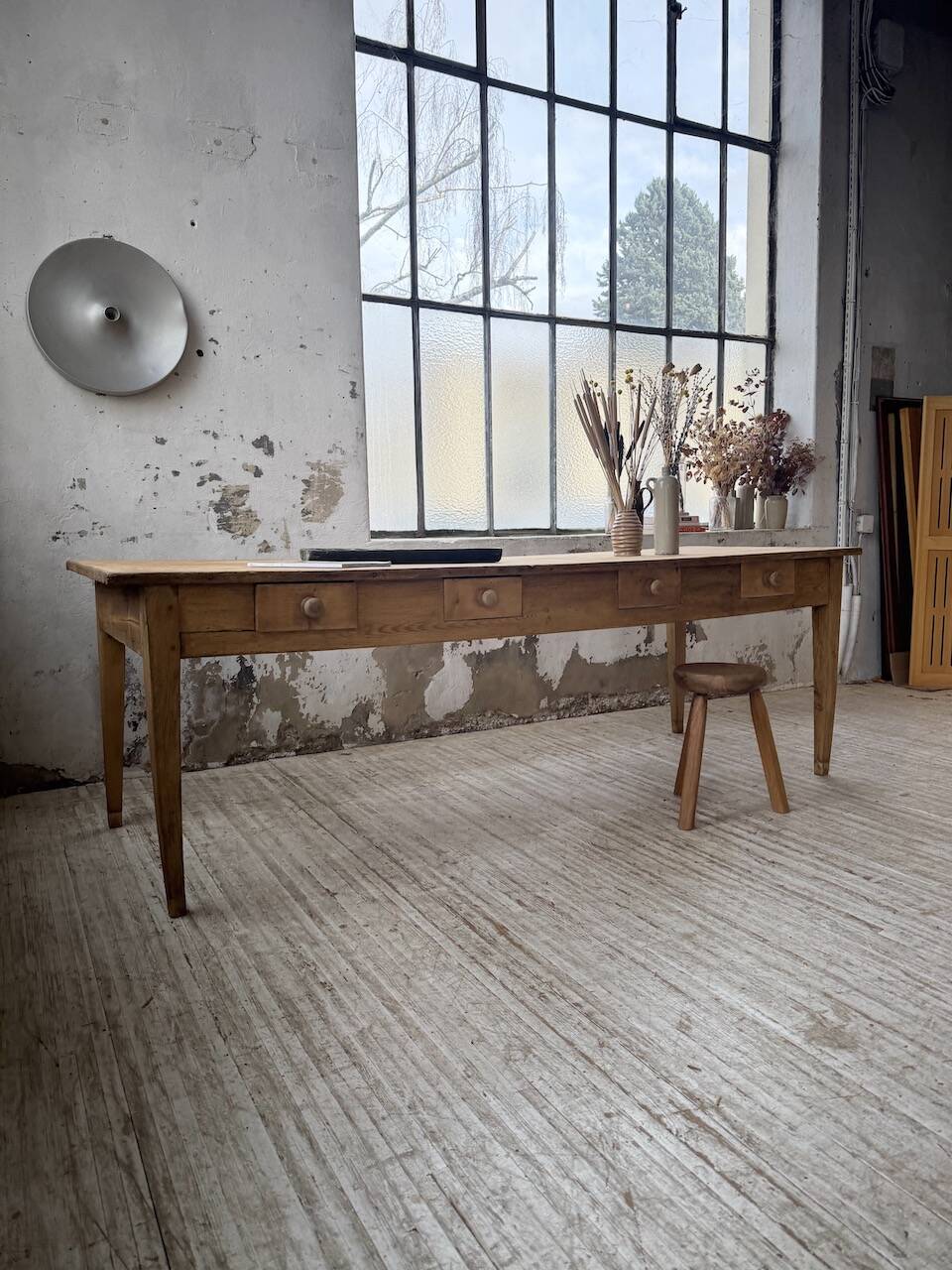 Pine and oak farmhouse table with multiple drawers, communal type, 240cm.
