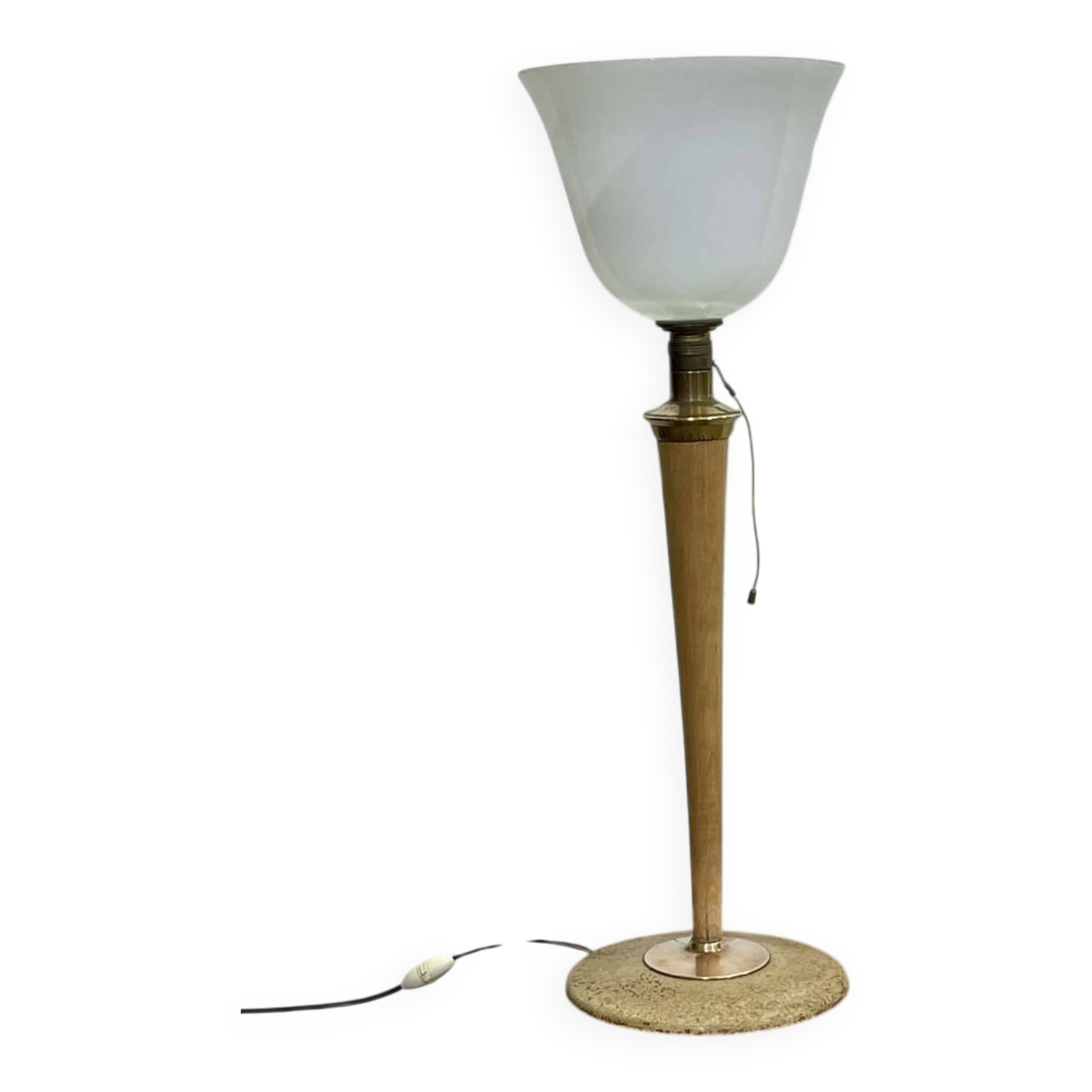 Lampe Mazda des années 1960, piétement en tôle et tronc en bois
