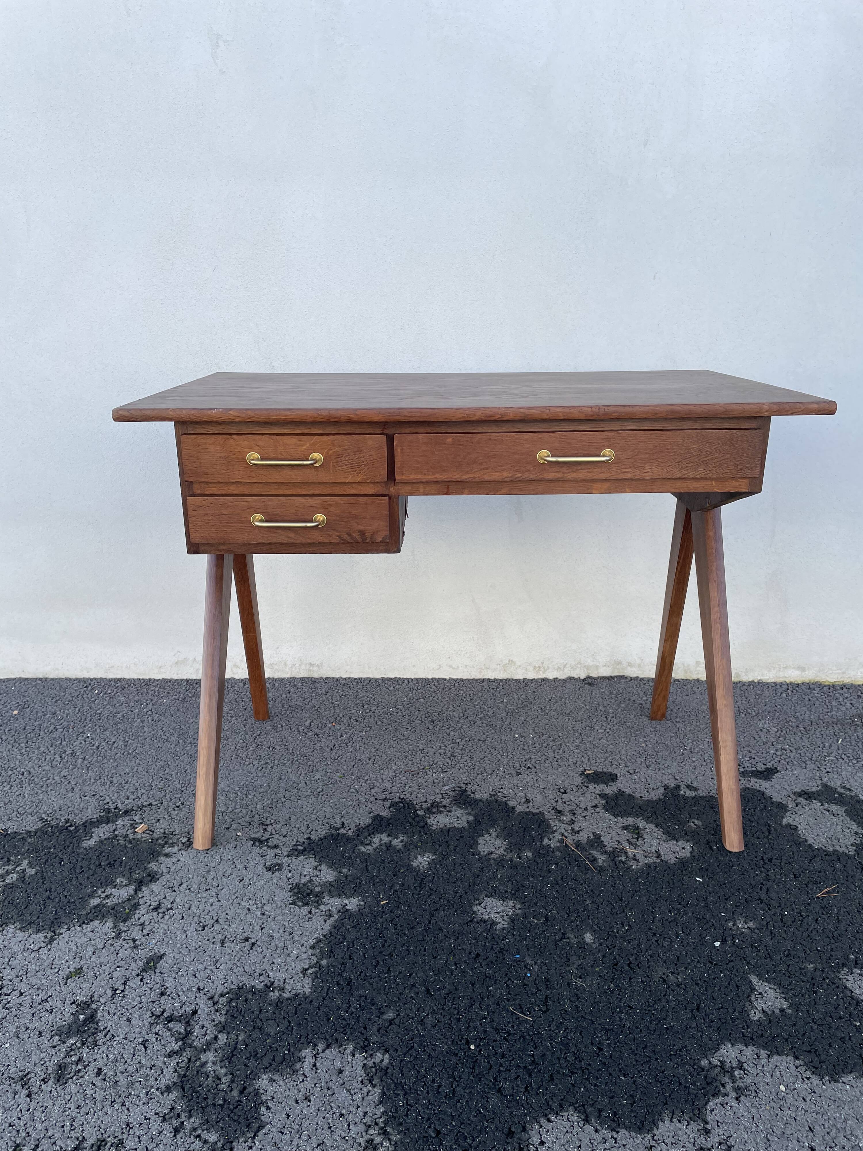 Modernist wooden desk with compass feet 1950