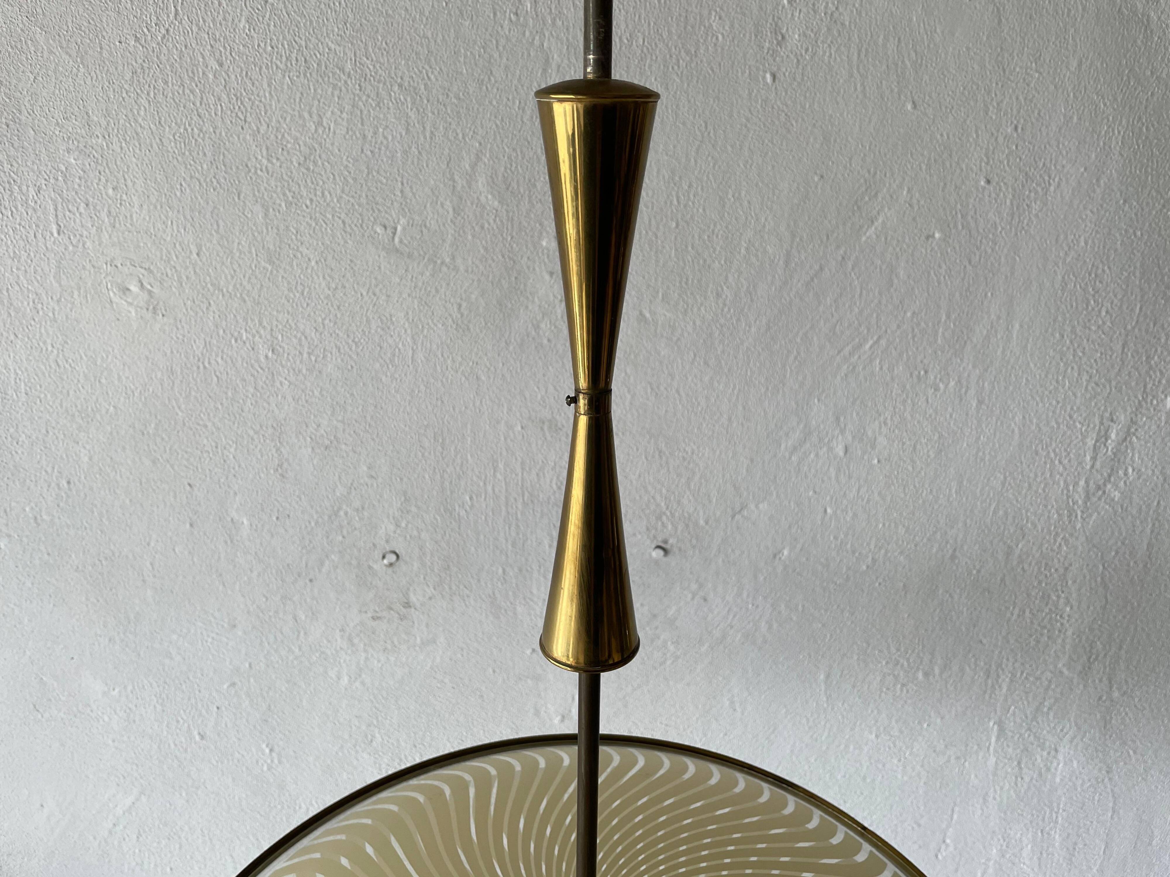 Large UFO design ceiling light in brass and printed glass, 1950s, Italy.
