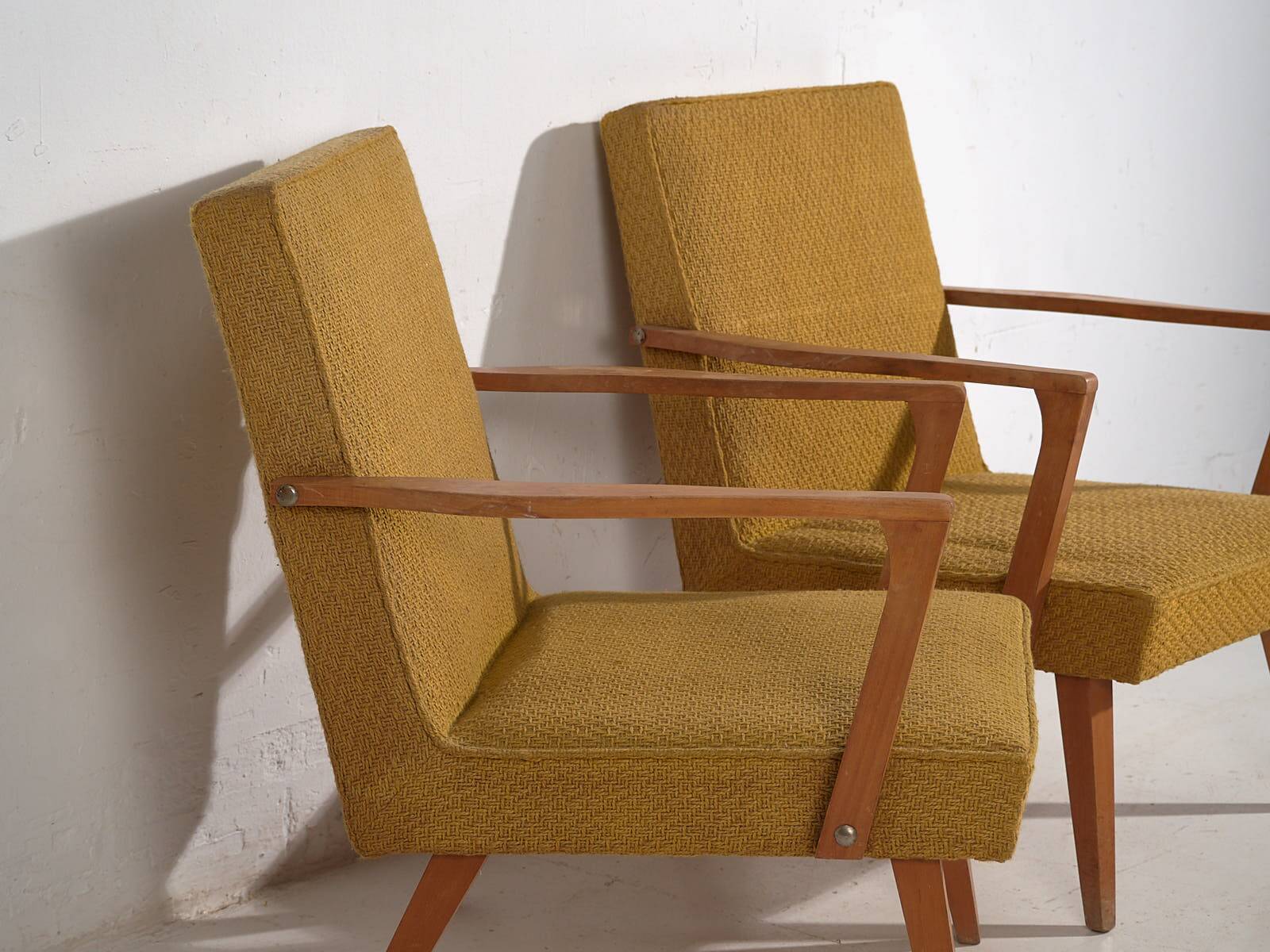 2 armchairs in wood and ochre fabric, 1950
