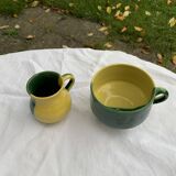 Bol et pot a lait en ceramique émaillé, bicolore jaune et vert vintage 1950