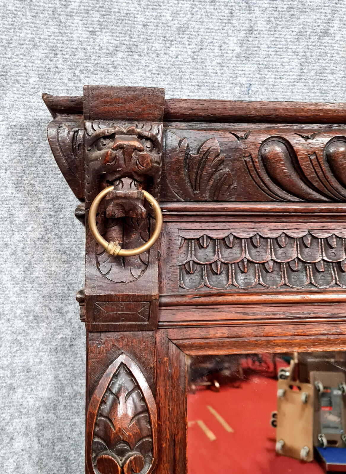 Renaissance mirror in solid oak with brown patina circa 1850, 165x97 cm