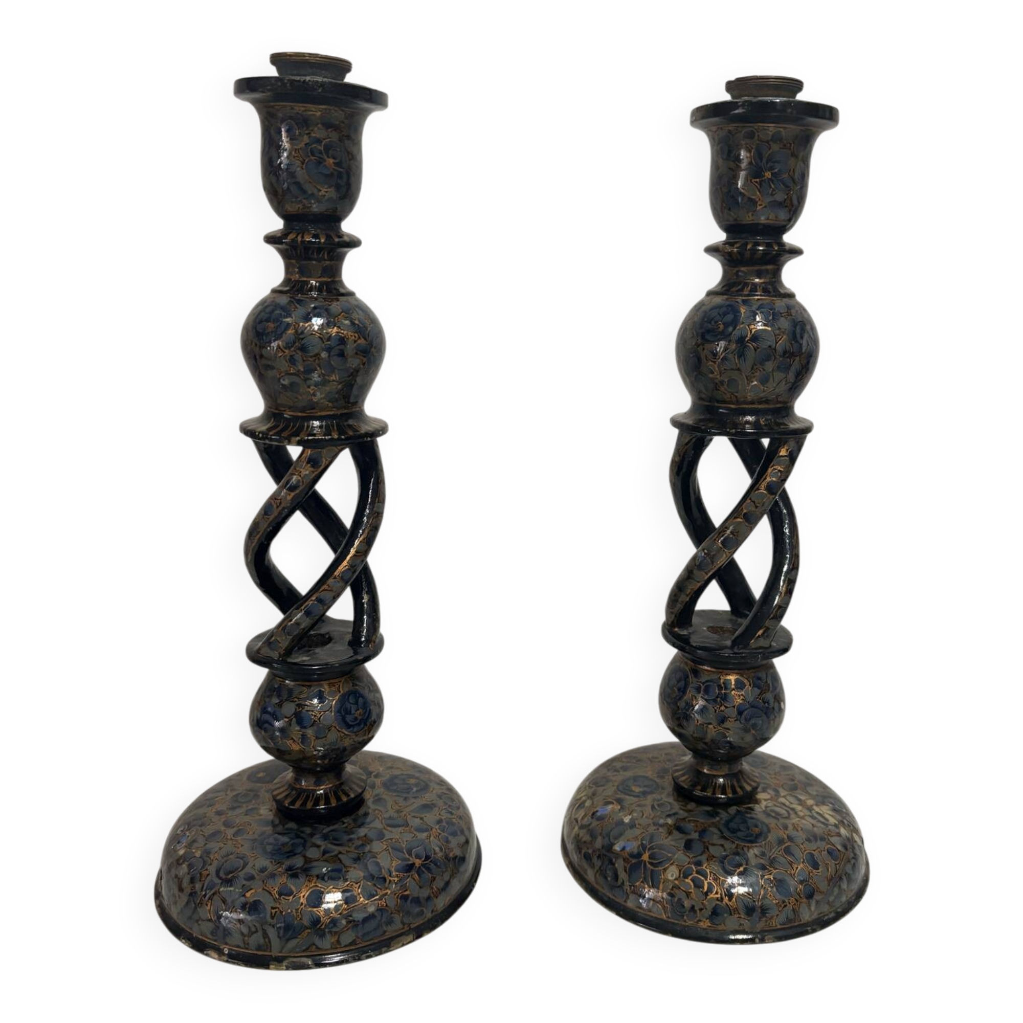 Pair of ancient Kashmiri candlesticks in midnight blue and gold – lamp bases