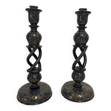 Paire de chandeliers kashmiri anciens bleu nuit & or – pieds de lampe