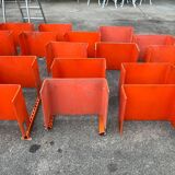 Large modular bookcase shelf in orange thermoformed wood circa 1970
