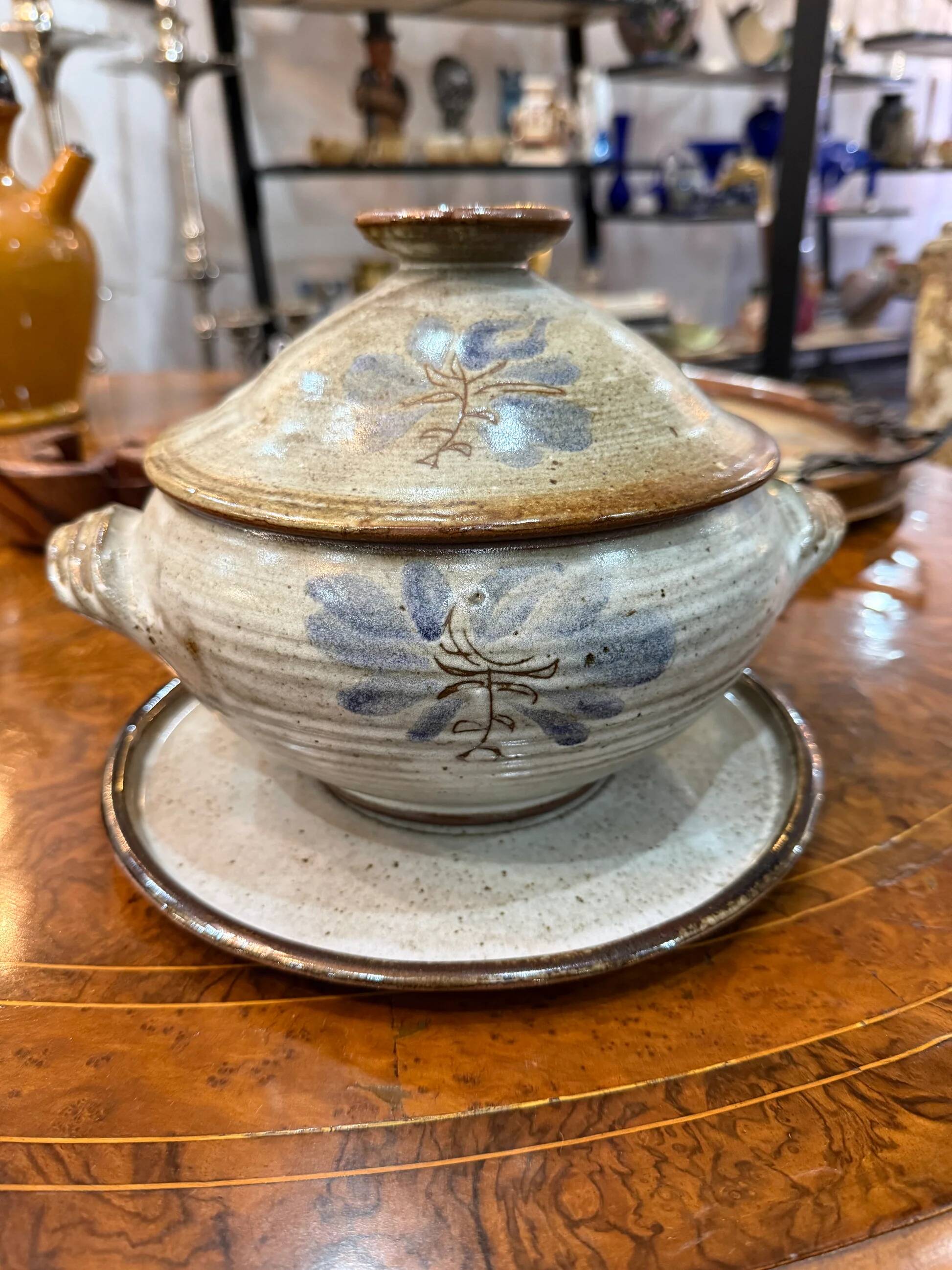 Glazed stoneware soup tureen with lid and plate – French workshop – 20th century