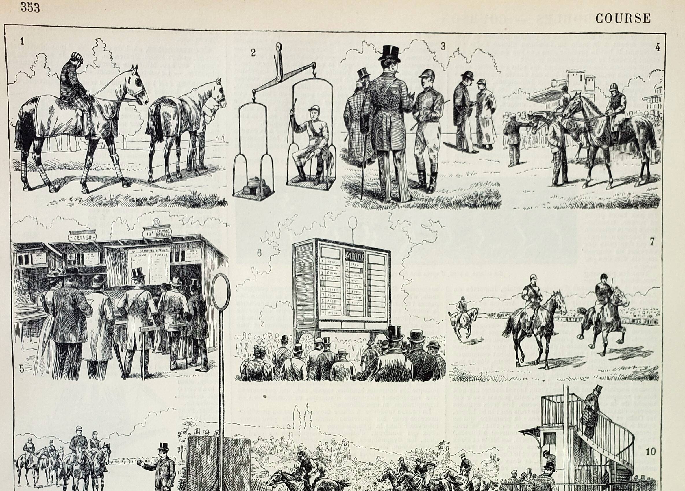 Gravure ancienne 1898, Course de chevaux, hippodrome • Lithographie, Planche originale
