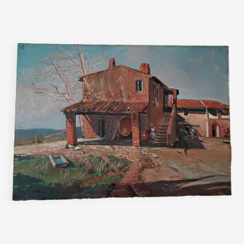 Peinture à l’huile sur toile Paysage de grange de campagne toscane des années 70