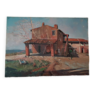 Peinture à l’huile sur toile Paysage de grange de campagne toscane des années 70