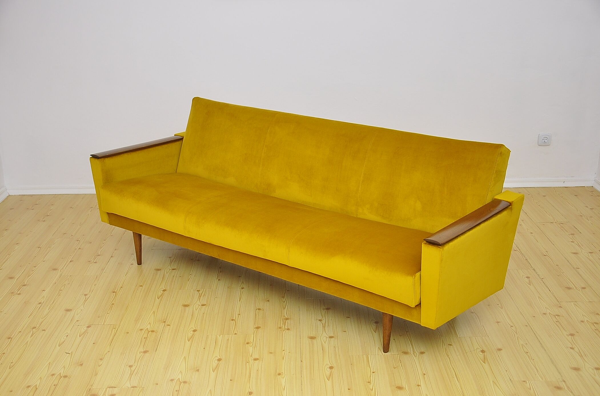 Yellow velvet sofa with fold-out function, 1960s
