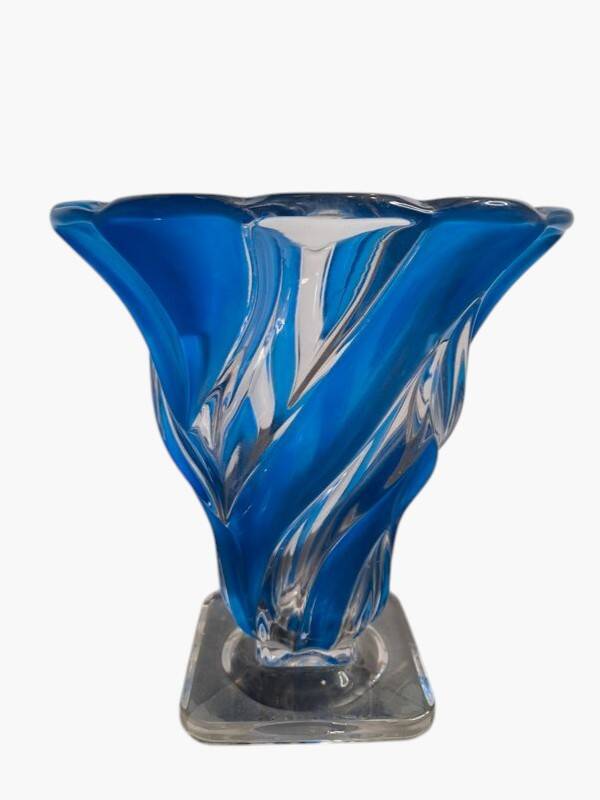 Vase en verre bleu cobalt et transparent – Forme de fleur – 19 x 18 cm