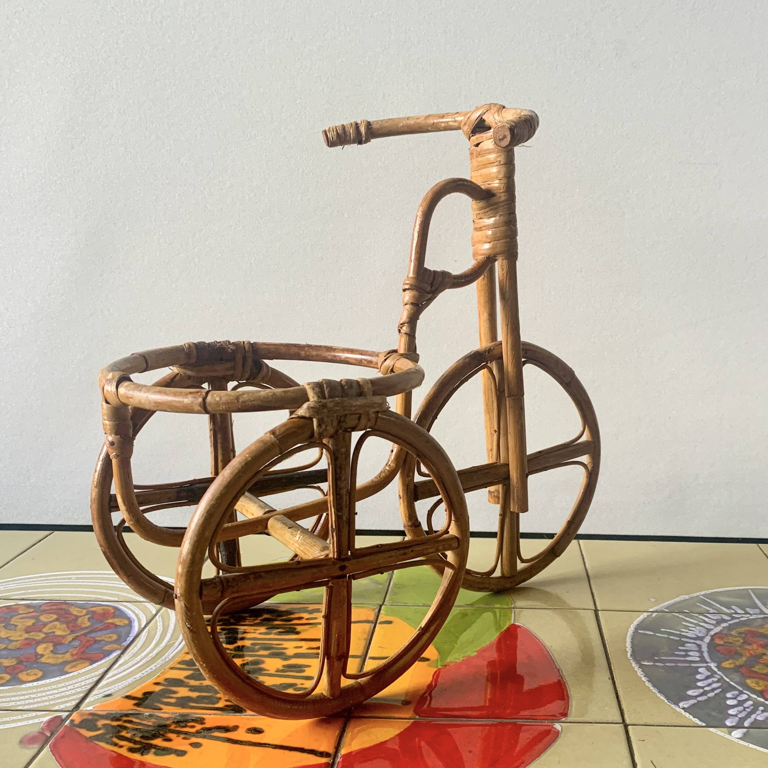 Vintage plant holder tricycle in bamboo and rattan