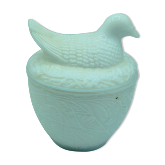 Pot beurrier en opaline zoomorphe poule ou pigeon déco vintage art de la table
