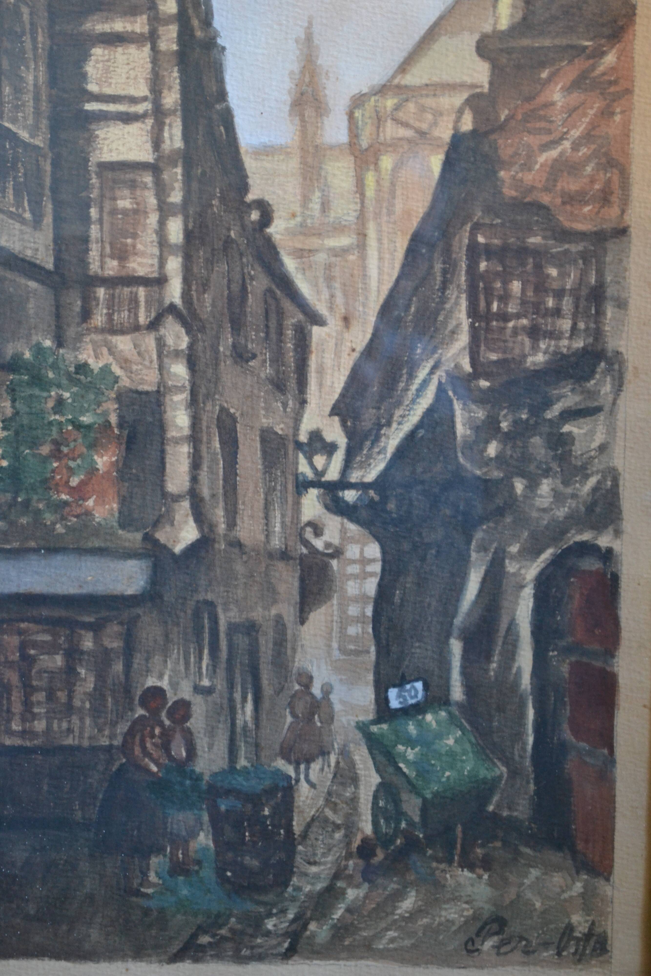 Ancient gouache painting rue brise miche le marais paris