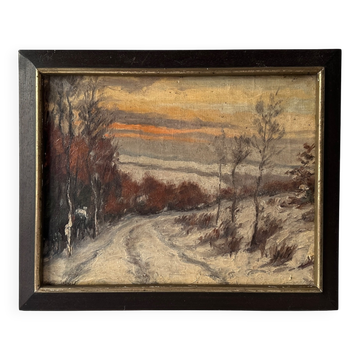 Oil on canvas of a winter landscape at dusk 1900, snow in the countryside.