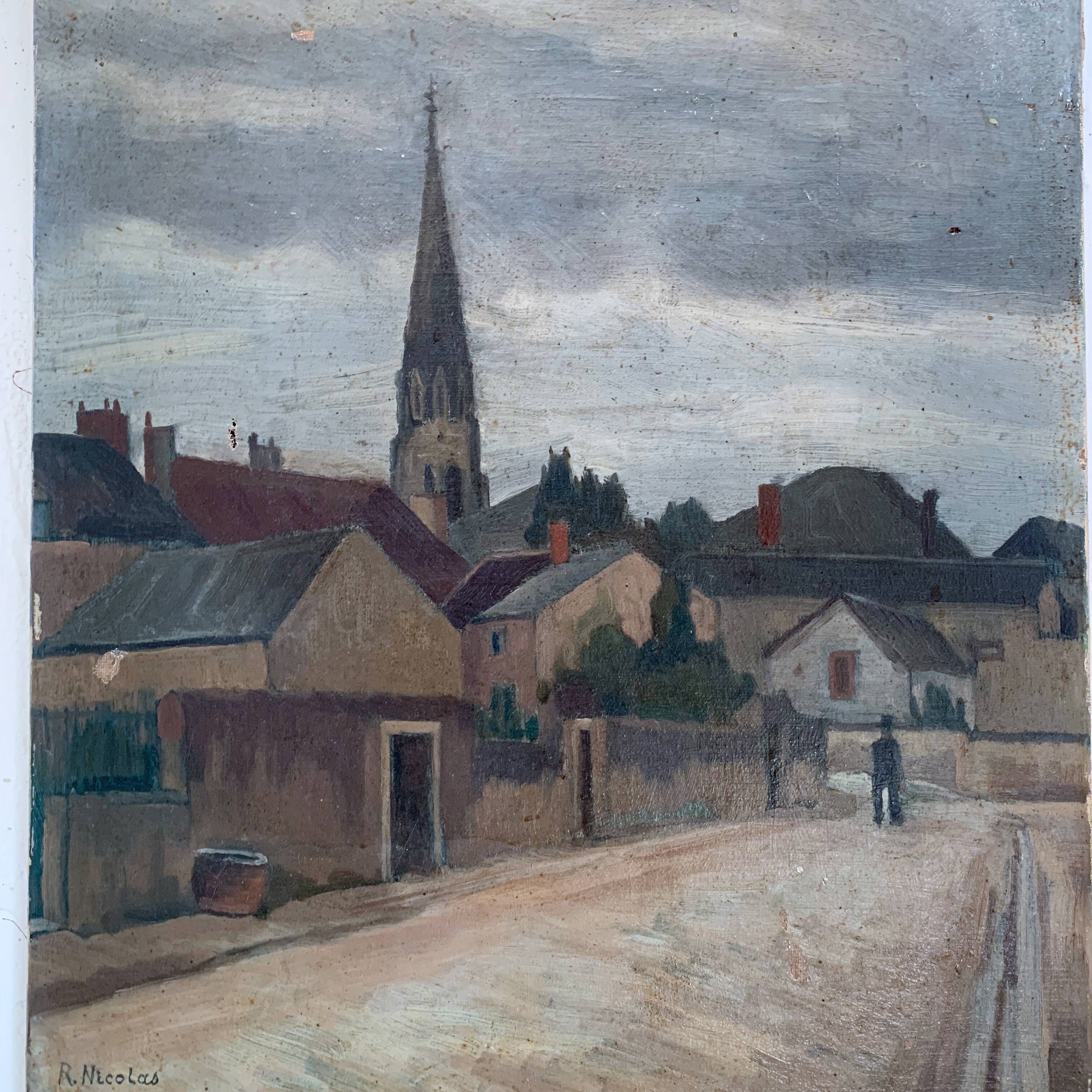 Old village painting and its church