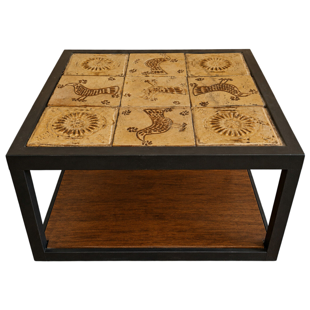Low Table in Glazed Ceramic and Black Metal, Decorated with Stylised Birds