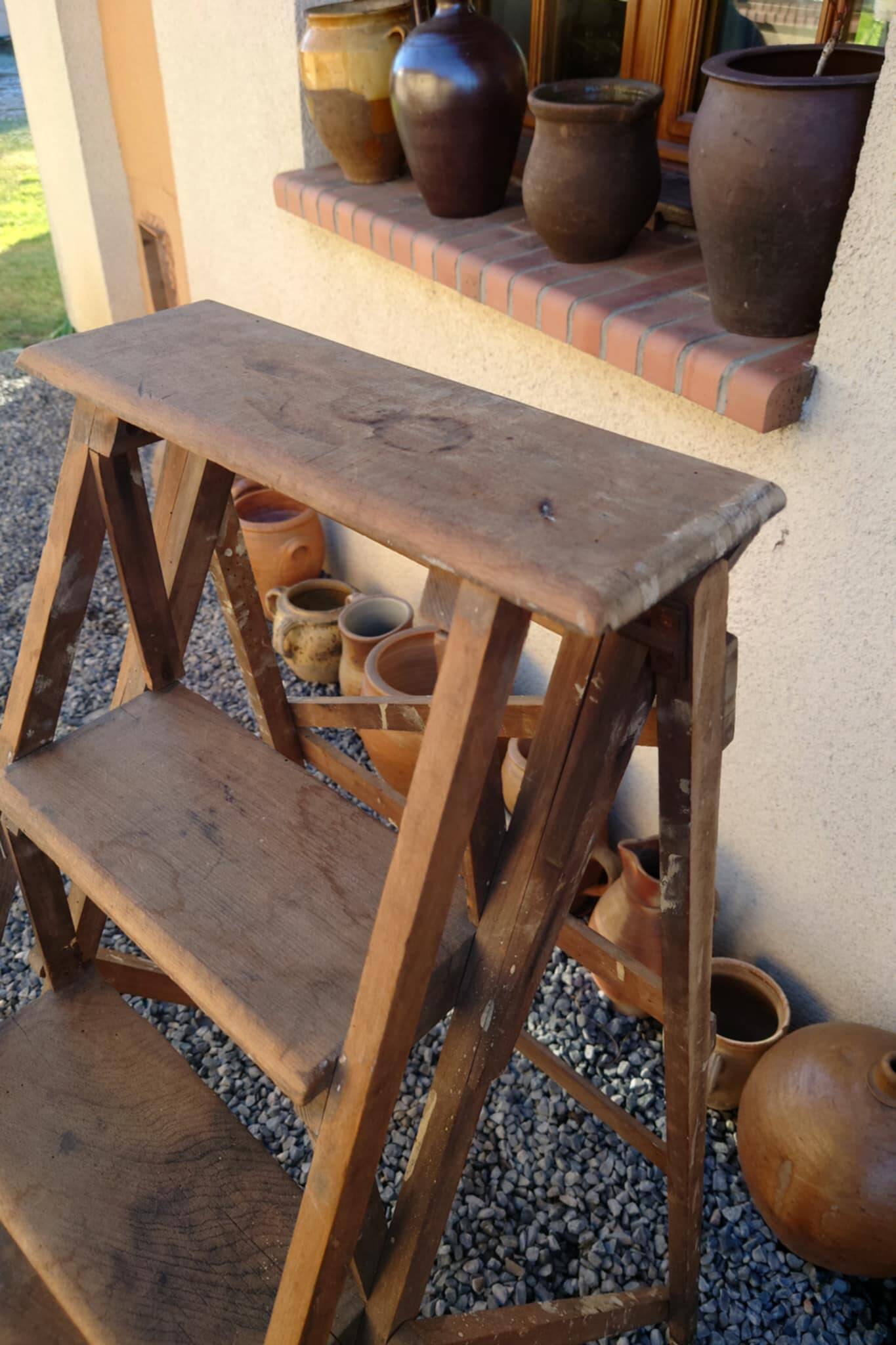 Antique wooden carpenter's stepladder, traces of paint, treated, 110 cm