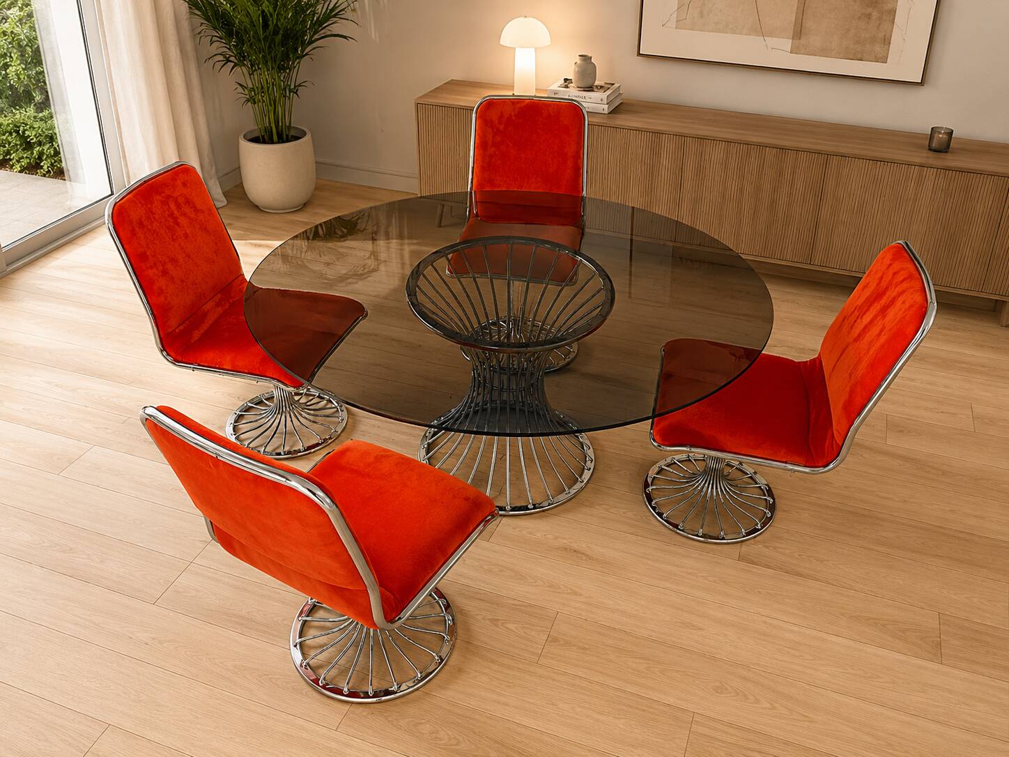 Dining table and 4 chairs in Rinaldi style, fully restored.