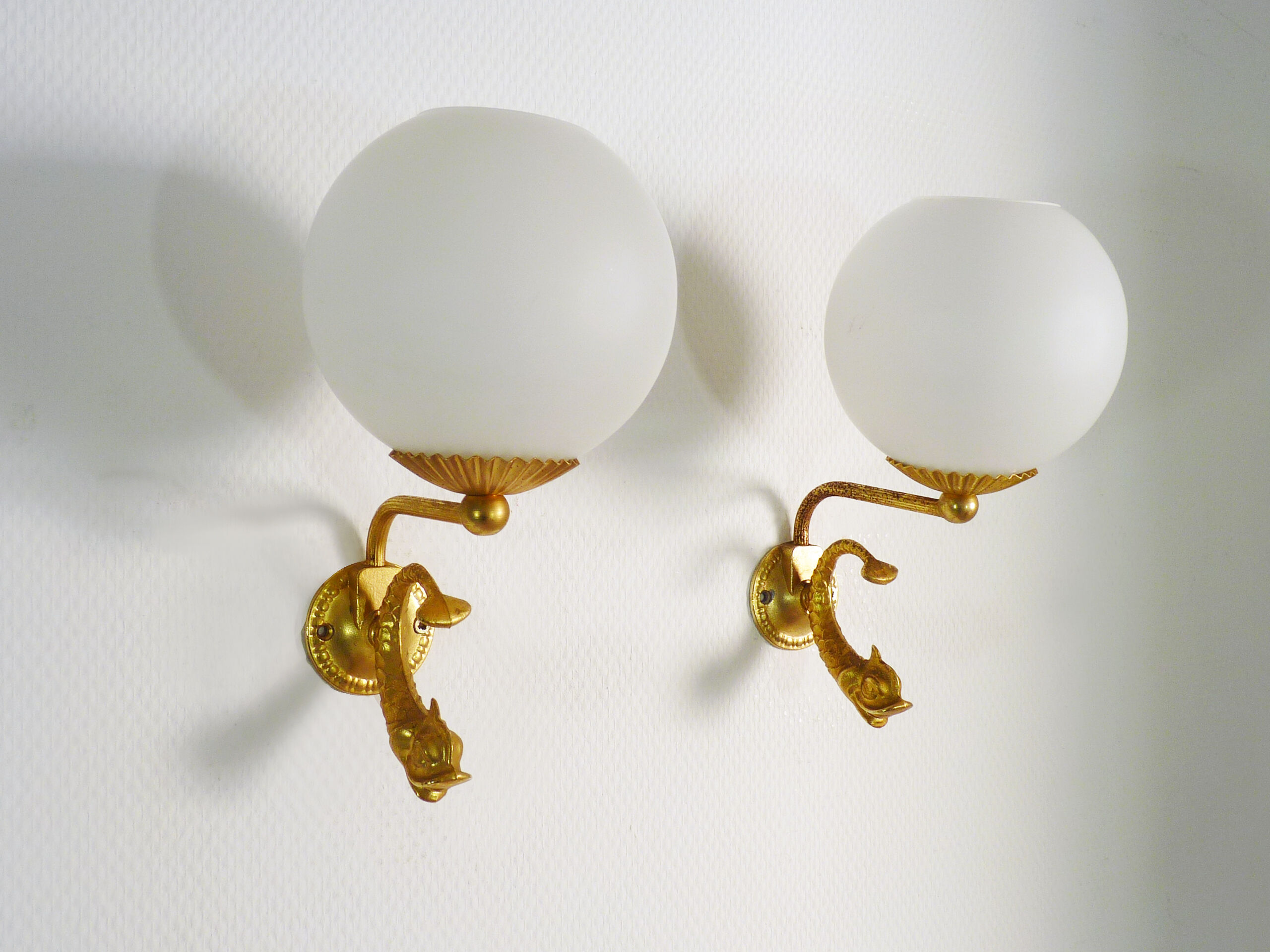 Pair of wall lamps with carp fish, brass and white opaline globe 1960