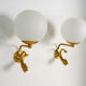Pair of wall lamps with carp fish, brass and white opaline globe 1960