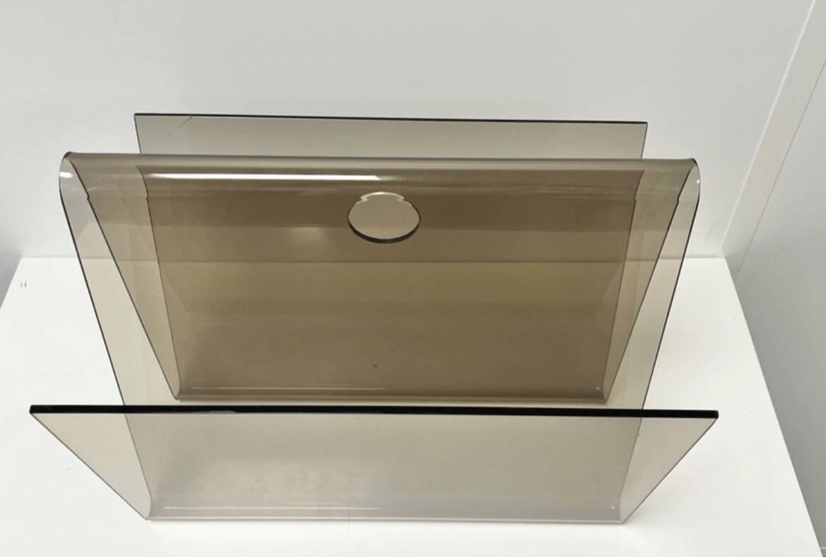 Smoked plexiglass magazine rack in the style of Michel Dumas, France, 1970s.